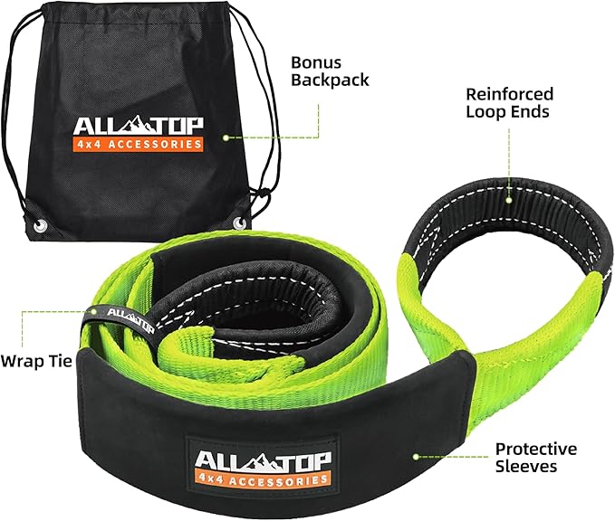 ALL-TOP Tree Saver Strap 3in x 8ft Certified 36000Lbs Break Strength, Emergency Recovery Tow Strap Winch Extension Rope with Oversize Carry Bag(Green)