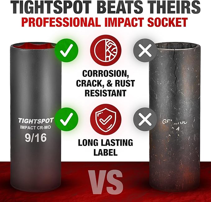TIGHTSPOT 3/8 Inch Drive - 9/16 Inch Deep Impact Socket with Anti-Rounding 6 Point Design, Heat-Treated CRMO Steel