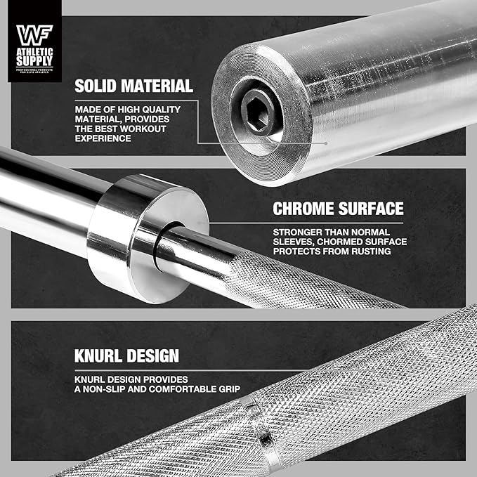WF Athletic Supply 7 ft 2-inch Olympic Weighted Solid Steel Bar Barbell, for Weightlifting/Bench Press/Deadlift and Power Lifting Strength Training, with Rotating Sleeve, Home Gym