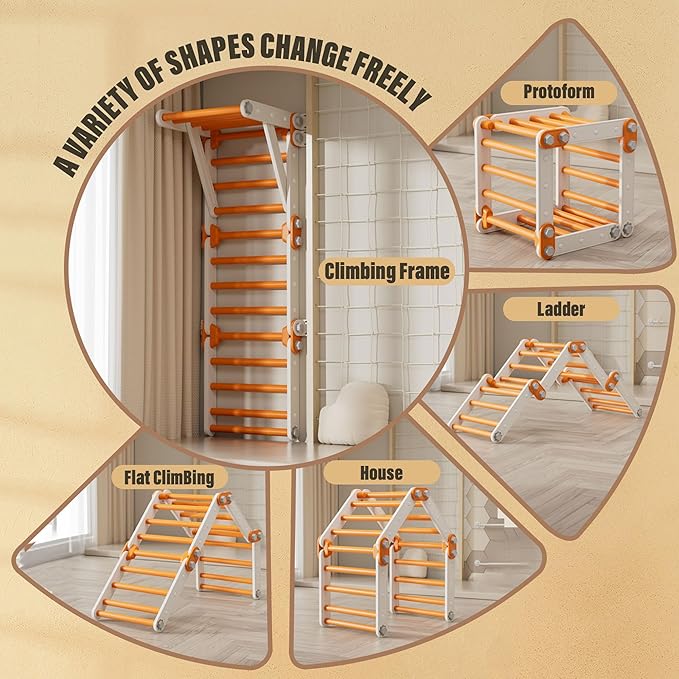 Toddler Climbing Toys,Kids Pikler Triangle Set,Montessori Indoor Play Gym,Multifunction Foldable Indoor Climbing Gym for Kids(Orange)