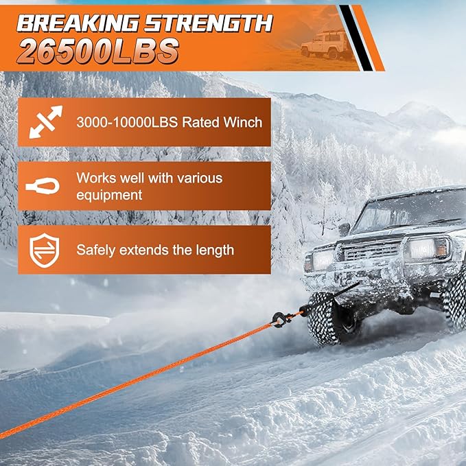 Synthetic Winch Rope Extension, 3/8Inch x 50Ft 26500 Lbs Winch Extension Cable Replacement Tow Ropes Line for Off Road Vehicle ATV UTV Truck SUV Jeep (Orange)