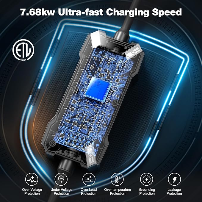 Level 2 EV Charger for Tesla, Portable/Mobile NACS Charger (32Amp, 240V, 7.68kW, NEMA 14-50 Plug), ETL Certified Electric Vehicle Charging Station with 25ft Cable Compatible with Tesla Model X/Y/3/S