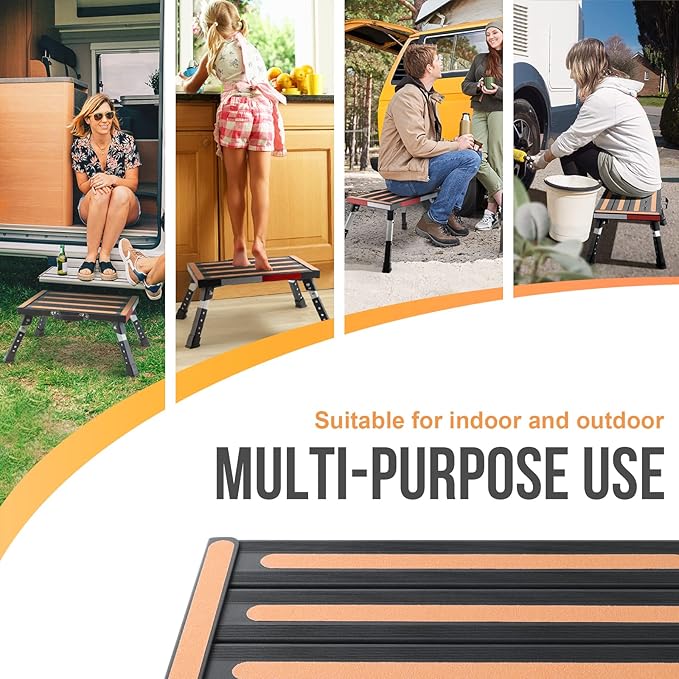 Safety RV Steps, Yagud Height Adjustable Folding Platform Step with 17" X 12" Anti-Slip Surface, Rubber Feet, Handle, Reflective Strips, and T Level, Aluminum RV Step Stool Supports Up to 1000lbs