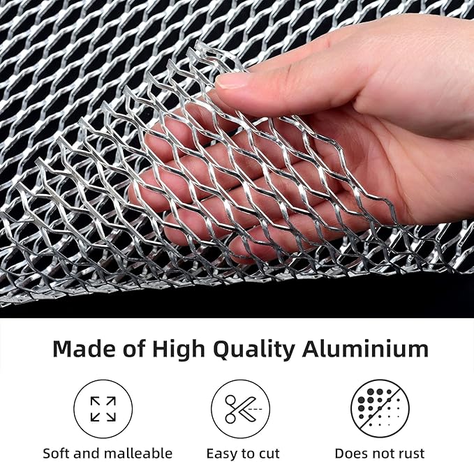 AggAuto 47x16 inches Car Pickup Truck Grill Mesh Spoiler Bumper Vent Aluminum Alloy Automotive Grille Insert Air Intake Racing Seagull Hole 8x25mm Silver