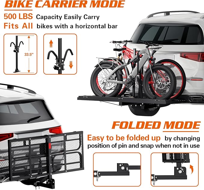 Wildroad Hitch Cargo Carrier with Bike Rack 60" x 24" x 14" Folding Trailer Hitch Cargo Carrier 500 LBS Capacity for Standard, Fat Tire and Electric Bike Fits 2" Receiver 60" Basket+Bike Rack