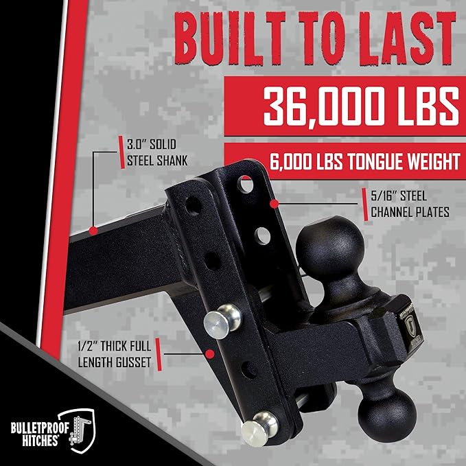 BulletProof Hitches - 3.0" Adjustable Extreme Duty Trailer Hitch (36,000 lb. Rating) - 4" Drop/Rise with 2" and 2 5/16" Dual Ball - Powder Coat, Solid Steel, Corrosion-Resistant