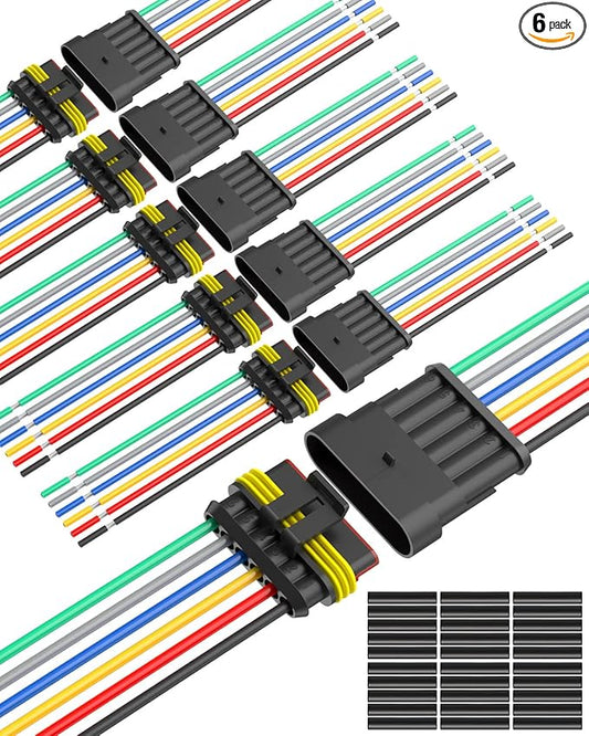 NAOEVO 6 Pin Connector Waterproof，16 AWG 6 Wire Connectors, Automotive Electrical Connectors Male And Female Way With Heat Shrink Tubing For Car Truck Boat Wire Connection, 6 Kits