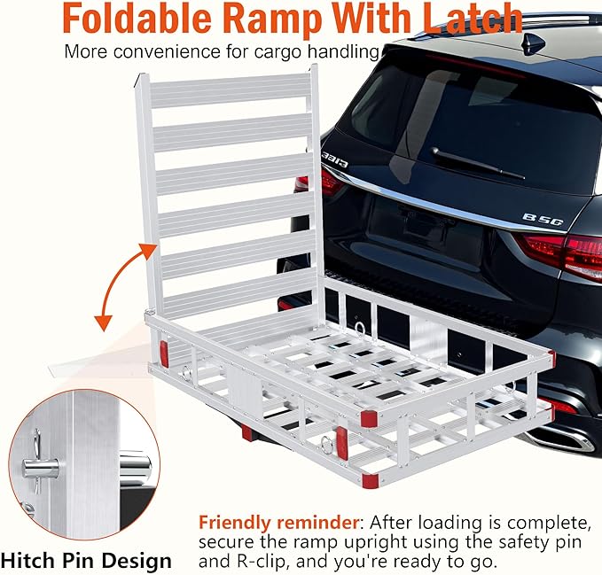 Aluminum Hitch Cargo Carrier with Ramp, 50" x 29.5" x 8.7" Trailer Hitch Cargo Carrier Hitchs Mount Cargos Hitchs Carriers, 500lbs Capacity, Fit 2" Receiver for Suvs Trucks Vans Pickups Camping
