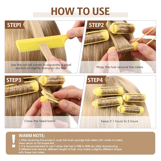 Syhood 43 Pcs Foam Sponge Hair Rollers Women 0.59 Inch Soft Sleeping Curlers Flexible Sponge Curler Tool and Rat Tail Comb for Hair Styling Hairdressing Overnight Curl and Volume(Yellow)