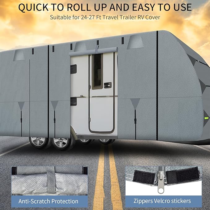 Travel Trailer RV Cover - Upgraded Anti-UV Winter Camper Fits 24-27 ft, Utility 5 Layers Heavy Duty with Tongue Jack Cover, Extra Windproof Straps