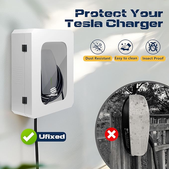 Outdoor EV Charger Enclosure Wall Box with Lock, Tesla & Chargepiont Charger Lock Box with Holder | Weatherproof, Visible, Easy to Install, White