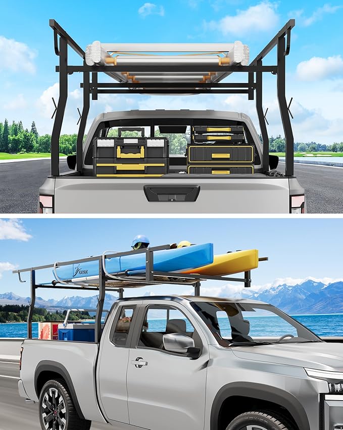 1000 LBS Adjustable Truck Bed Rack, Powder-Coated Steel Over-Cab Rack, 49-65 Inch Width Fit Long Cab/Full Size Trucks, Utility Rack for Ladder, Lumber, Kayak