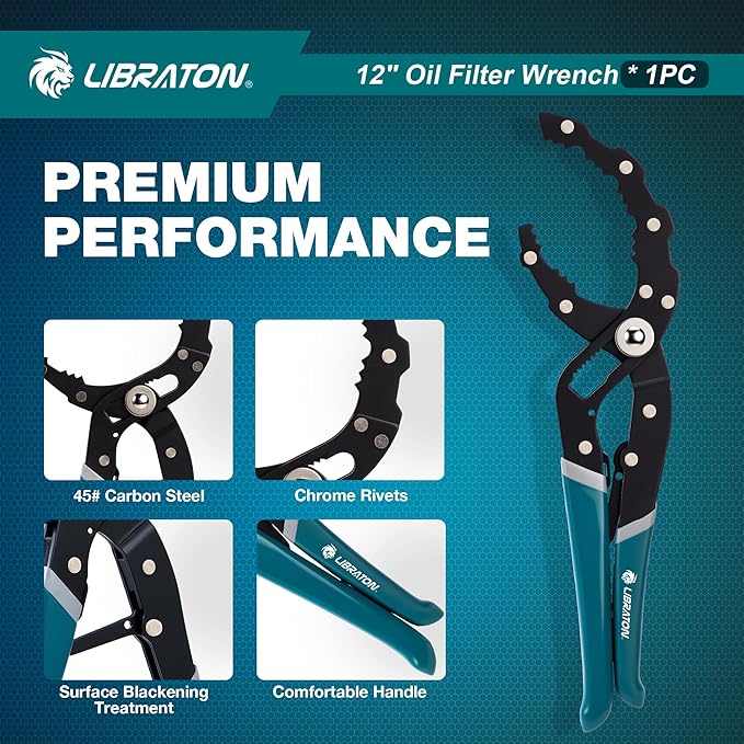 LIBRATON Oil Filter Wrench, 12" Oil Filter Pliers, Quick Adjustable Oil Filter Removal Tool with Spring Structure (2-3/8" to 4-3/4" Opening), One-Hand Use, for Cars, Motorcycles & Trucks