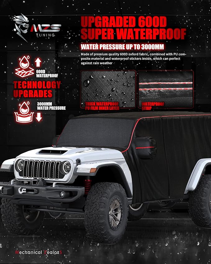 MZS Cab Cover Compatible with Wrangler Unlimited JK JL JKU JLU 4 Door 2007-2026, 600D Waterproof Wrangler Cover with Driver Door Zipper 8 Gust Hook Car Half Cover Windproof Sun Snow Rain Protection