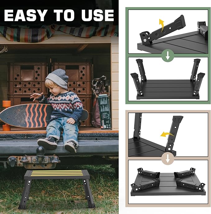 Adjustable Height Aluminum RV Step, Stable Foldable Platform Step Stool, Supports Up to 1,000 lb, Non-Slip Rubber Feet and Platform Mat, Easy to Carry (Black)