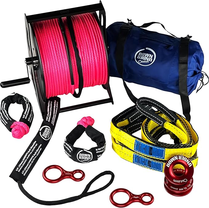 DOWN UNDER OUTDOORS Game/Log/4x4 Recovery Kit, Deer Drag, 650 ft of 9/32” (11,460 lbs) Winch Rope on Metal Reel, 2 Tree Savers, 2 Soft Shackles, 2 Snatch Rings, 2 Figure 8 Rings, Gear Bag