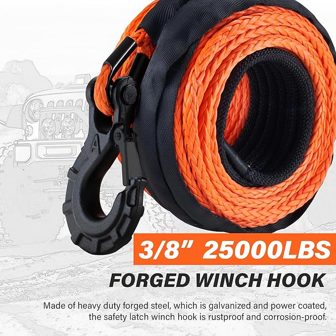TYT Synthetic Winch Rope 3/8" X 92' with Hook, 27000LBS Synthentic Winch Cable Kit with Protective Sleeve for 4WD Off Road Vehicle Truck SUV Jeep (Orange)