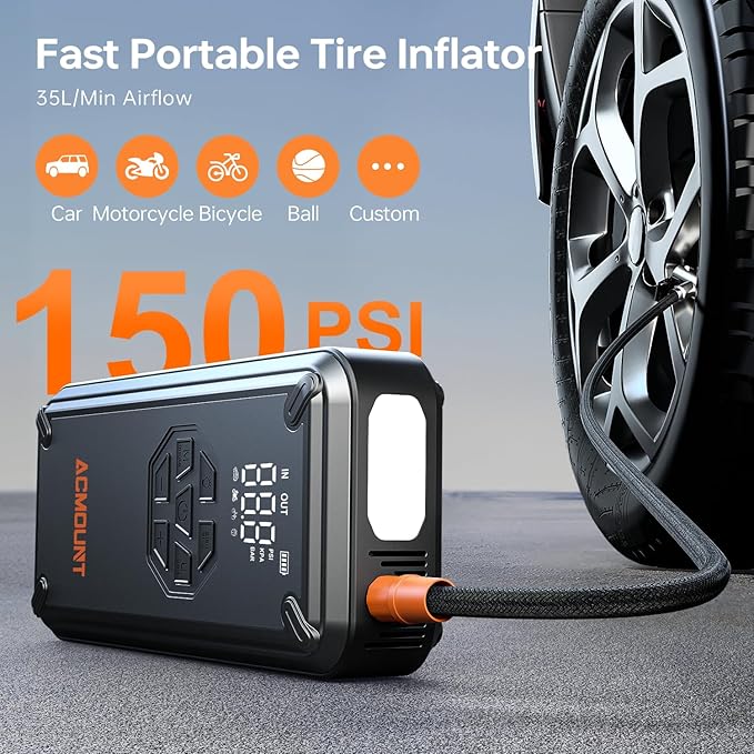 Acmount W160 Jump Starter with Air Compressor, 5000A Portable Car Jump Starter 150PSI Tire Inflator/Air Pump, 12V Battery(Up to 9L Gas/8L Diesel Engine) Jump Pack, Car Emergency Kit, Idea Gift for Man