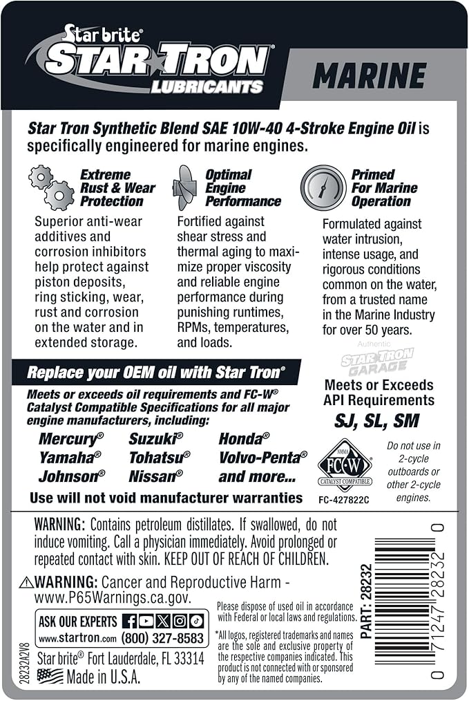 STAR BRITE Star Tron Premium 4 Stroke Marine Oil - 10W-40 Synthetic Blend Engine Oil for Outboards, Gasoline Inboards & Stern Drives - NMMA FC-W Certified, 32 OZ (028232)