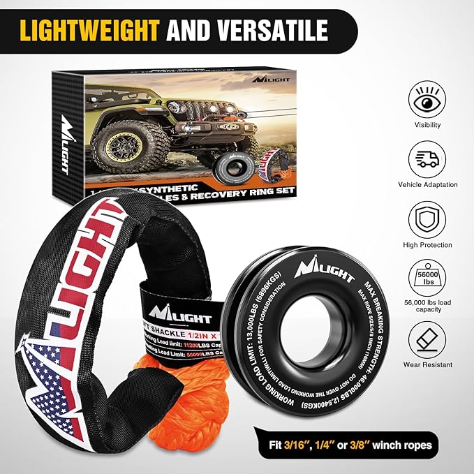 Nilight Synthetic Soft Shackle & Recovery Ring Kit 1/2inch x 24inch Soft Shackle (56,000 LBS Breaking Strength) with Snatch Ring (46,000 LBS MBS) for 4x4 Truck SUV ATV Off Road, 2 Years Warranty