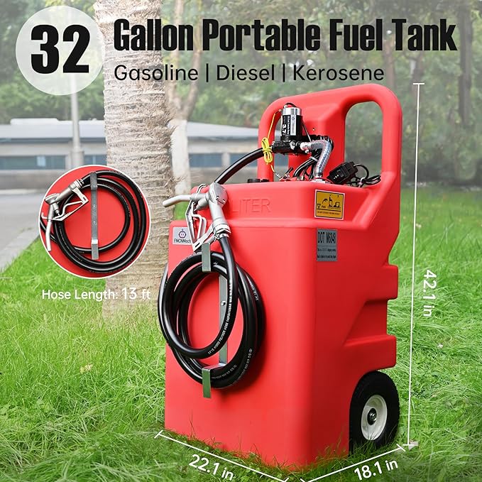 32 Gallon Portable Fuel Caddy with 12V Electric Pump, 3.7GPM Forward & Reverse Flow, HDPE Fuel Transfer Tank for Gasoline, Diesel, Kerosene – 13ft Hose, Durable Wheels for Farm, Boat, Tractor