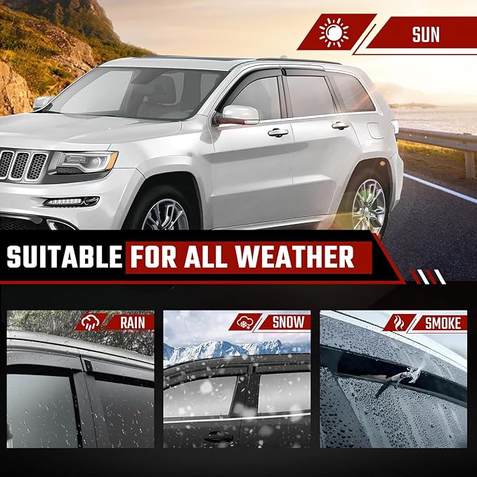 Rain Guards Fit for Jeep Grand Cherokee 2011-2022, Extra Durable Tape-on Side Window Deflectors, Wind Deflectors, Grand Cherokee Rain Guard Black 4 PCS