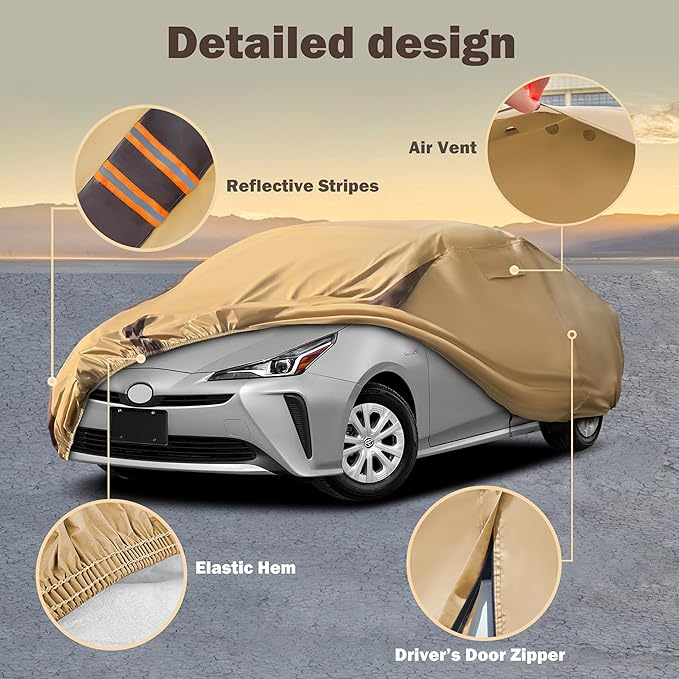 Prius Car Cover Waterproof All Weather Compatible with Toyota Prius 2004-2024, Outdoor Heavy Duty Anti-UV Car Covers Rain Sun Snow Protection with Zipper and Windproof Buckle