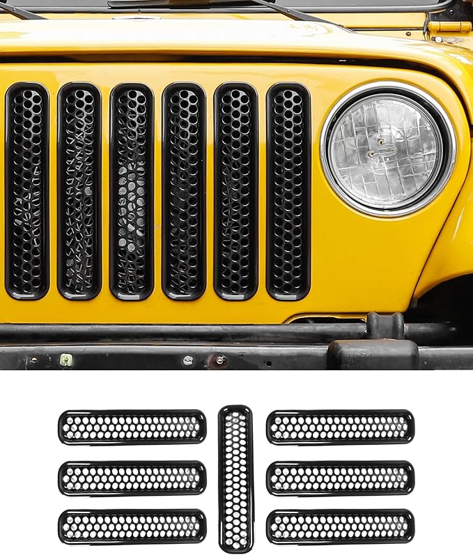 7Pcs Front Grille Inserts Guard for Jeep Wrangler TJ 1997-2006 Black Front Grille Mesh Cover Guard Clip-in Trim Cover, Black