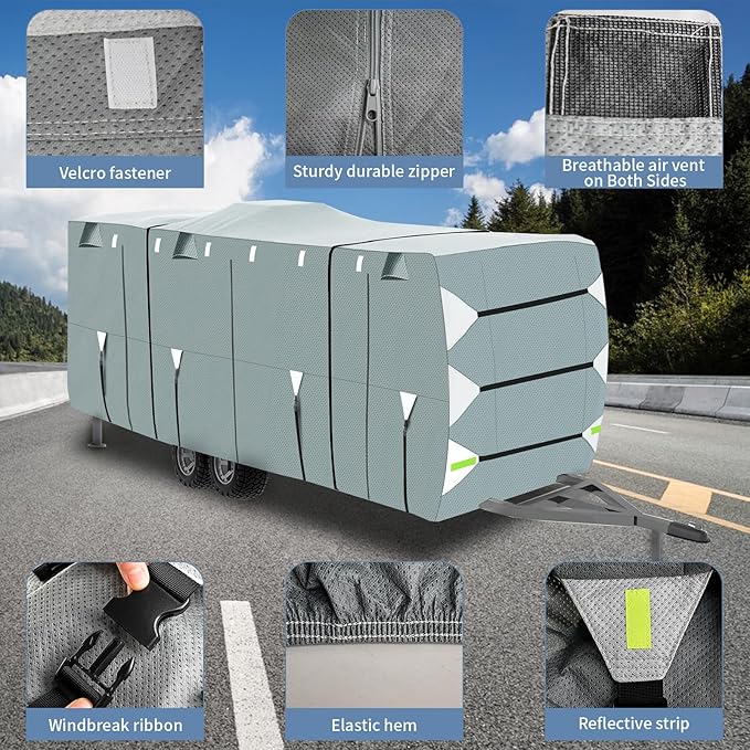 Upgraded 24-27ft RV Cover - 5 Layers Heavy Duty Anti-UV Travel Trailer RV Cover, Windproof Waterproof Camper Cover for Toy Hauler with Windproof Straps