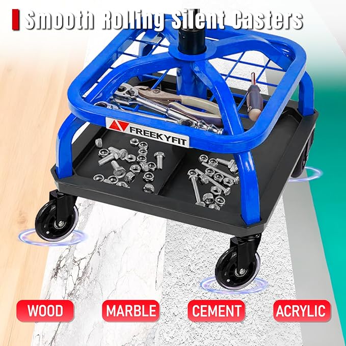 Rolling Shop Stool with Wheels, Garage Work Mechanic Stool with Backrest, Roller Mechanic Chair, Adjustable Height, 360° Swivel, Tool Tray Storage, 330 LBS Capacity, Heavy Duty, Blue