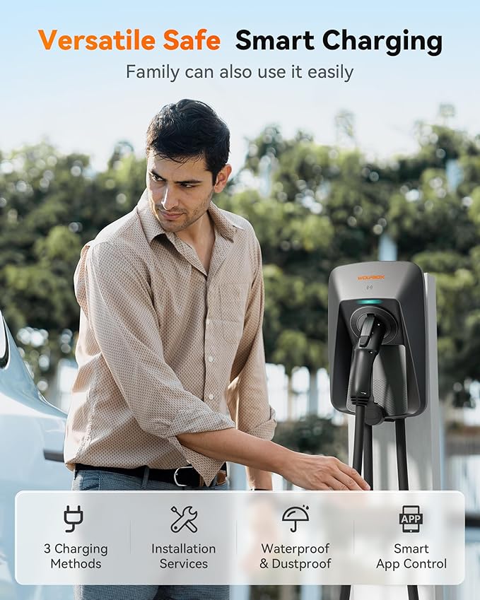 WOLFBOX Level 2 EV Charger 48 Amp J1772,Hardwired EV Charger Level 2 with NEMA 14-50 Plug 25ft Cable,Smart APP&RFID Card Control,240V Electric Vehicle Charging Station (WE48)