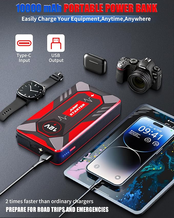 Jump Starter 3000A Peak Car Battery Jumper Starter Portable 12V Jump Box Battery Booster Charger Pack Up to 10L Gas or 8L Diesel Engine with Power Bank Jumper Cable Type C Port USB LED Light