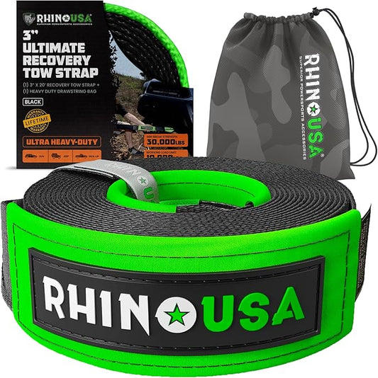 Rhino USA Recovery Tow Strap (3" x 20') - 31,518lb Break Strength - Emergency Recovery Strap Tow Rope for Truck, UTV, ATV & More - Heavy Duty Towing Strap for Offroad 4x4 Use - Compatible with Jeep