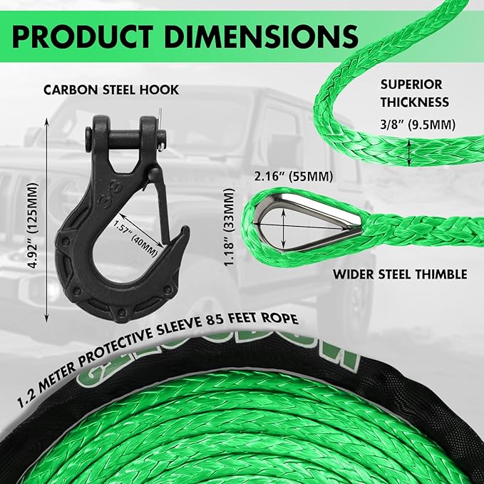 Synthetic Winch Rope, 3/8'' x 85ft 25,000LBS Synthetic Winch Line 3/8 Winch Cable Replacement Synthetic Rope with Forged Winch Hook for 4WD Off Road Vehicle SUV Truck(Green)