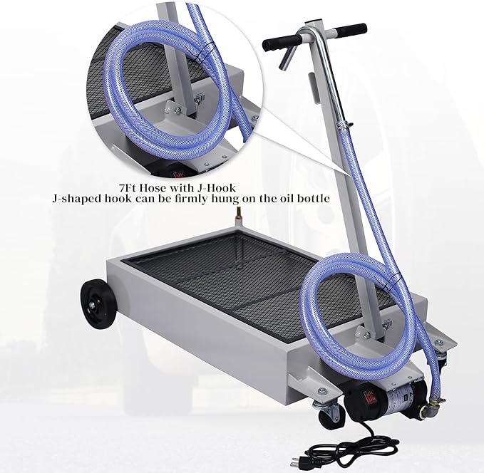 15 Gallon Oil Drain Pan with Electric Pump, Low-Profile Oil Pans for Changing Oil, T-Handle and J-Hook Makes Drain Easier, Gray