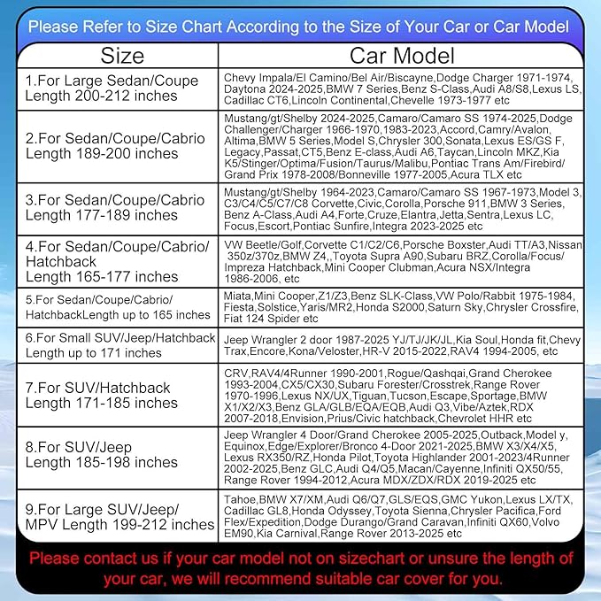 Full Enclosed Car Cover Universal Fit for Wrangler 4 Door/Grand Cherokee,Outback,BMW X3/X5,Lexus RX350,4Runner/Highlander,Audi Q5,Macan/Cayenne,Model y,Equinox,Edge,Infiniti QX50/55,MDX/RDX