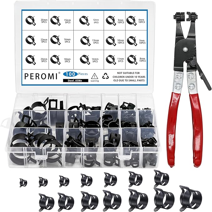 100Pcs 6-25mm Spring Band Hose Clamps With Swivel Flat Hose Clamp Plier Assortment Kit, Constant Tension Steel Clamps for Fuel Lines, Silicone, Vacuum Hoses & Low-Pressure Air Clips By PEROMI
