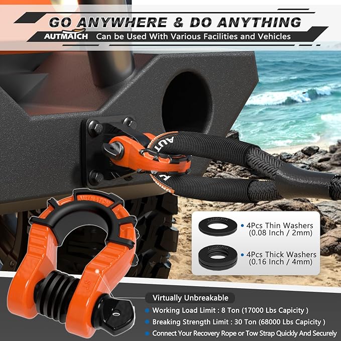 AUTMATCH D Ring Shackles 3/4" Mega Shackle (2 Pack) 68,000Ibs Break Strength - Heavy Duty Clevis Shackles with 7/8" Screw Pin and Isolator Washer for Tow Strap Winch Off Road Vehicle Recovery, Orange