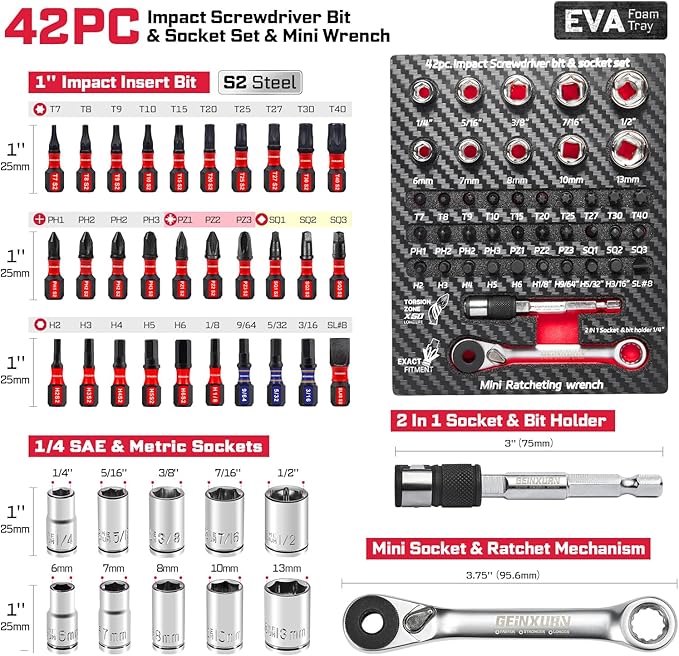 42Pieces Impact Screwdriver Bit & Socket Set with Mini Ratcheting Wrench, 30Pcs Impact S2 Screwdriver Bits Set, 5Pcs SAE & Metric Sockets and 2-In-1 Bit Extension Holder Repair Tools