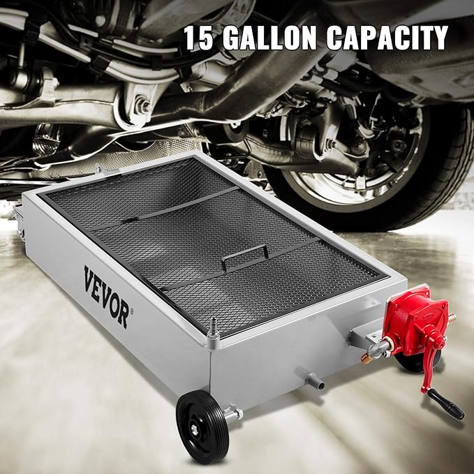 VEVOR Oil Drain Pan 15 Gallon Oil Drain Tank, 57L Low Profile Oil Drain Pan, Large Capacity Oil Change Pan, Foldable Hand, with Pump, Hose, Swivel Casters Wheels for Car, SUV, Trucks Oil Draining