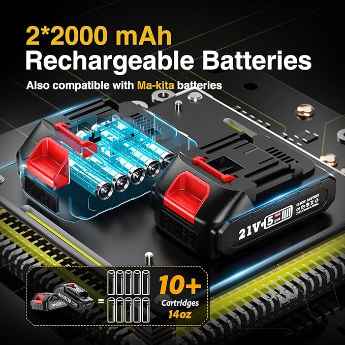 Electric Grease Gun Cordless 10000 PSI, Grease Gun Kit with 2×2.0Ah Batteries & Charger, 39.4" Flexible Hose & LED Light for Tractors Trucks Trailers Heavy Equipment Maintenance