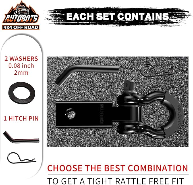 AUTOBOTS Tow Hitch Receiver 2", 45,000 Lbs Break Strength Shackle Hitch Receiver with 5/8" Hitch Pin, 3/4 D Ring Shackle, Towing Accessories for Truck Trailer Recovery Off-Road Black&Black