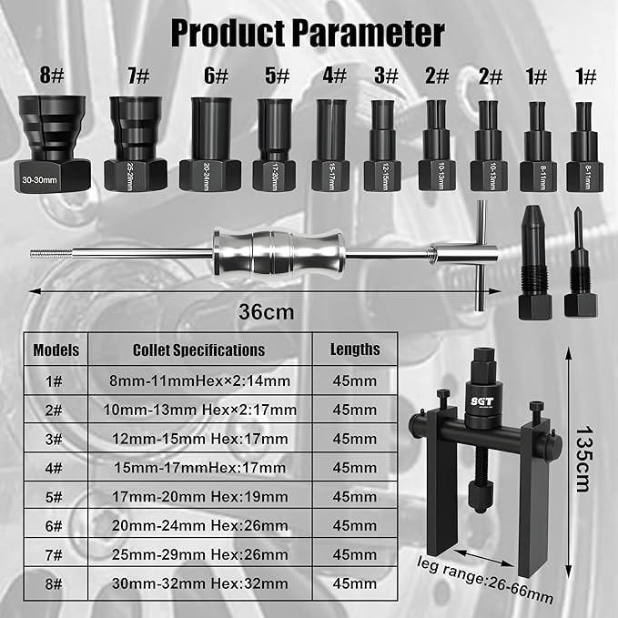 SGT 14pcs Blind Hole Collet Bearing Puller Set,Internal Bearing Extractor Puller Kit,Motorcycle Bicycle Wheel Bearing Removal Tool,Slide Hammer Bearing Puller with Expandable Collets 8-32mm