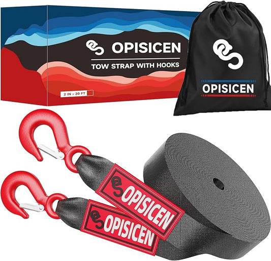 Tow Strap with Hooks 2 Inch x 20 Foot - 15,216 lbs Breaking Strength Emergency Heavy Duty Capacity Tow Rope Forged Steel Hooks for Car Truck Jeep ATV SUV, Roadside Recovery (Black, 2" x 20')