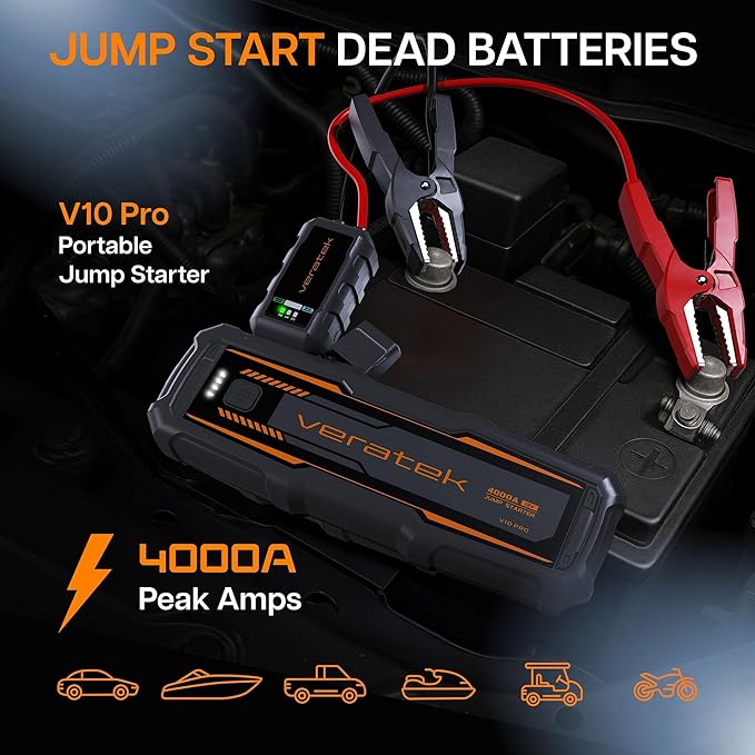 V10 Pro 4000A Car Battery Jump Starter Portable (10.0L Gas & 8.0L Diesel) – 12V Lithium Battery Booster Pack with SmartCharge Safety, Jumper Cables, 24000mAh Power Bank, Jump Box, LED Light