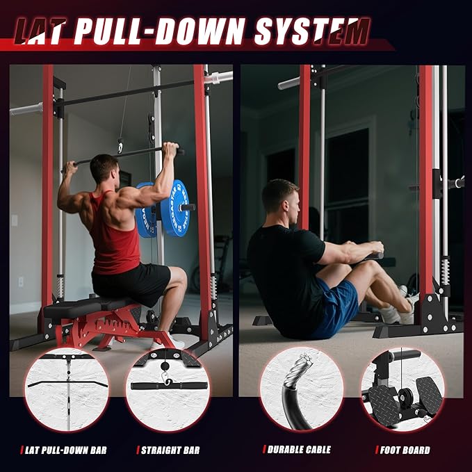 Compact Smith Machine Home Gym - 800lb Barbell Sleeve, Space-Saving Power Cage with LAT Pulldown, Power Rack 5-in-1, 1500lb Capacity for Garage & Small Spaces, P70