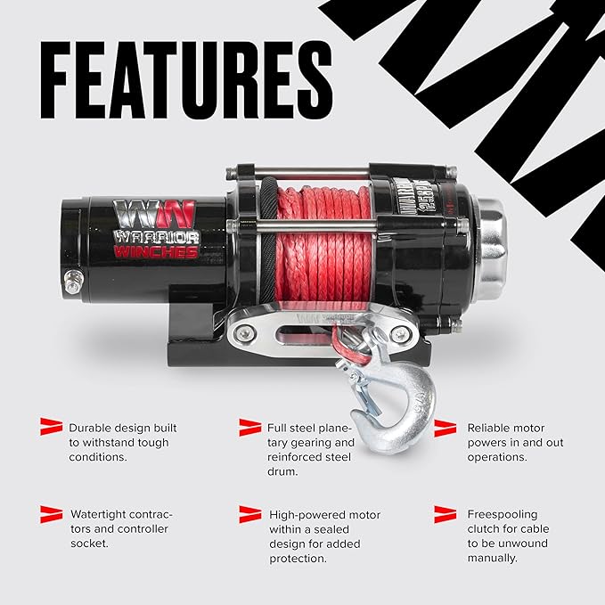 Warrior Winches Ninja 2500 lbs - Premium 12V Electric ATV/UTV Winch with Synthetic Rope, Compact and Powerful 12 Volt ATV Winch - Comes with Wireless Remote - Perfect for ATV, UTV, Boat, Trailer