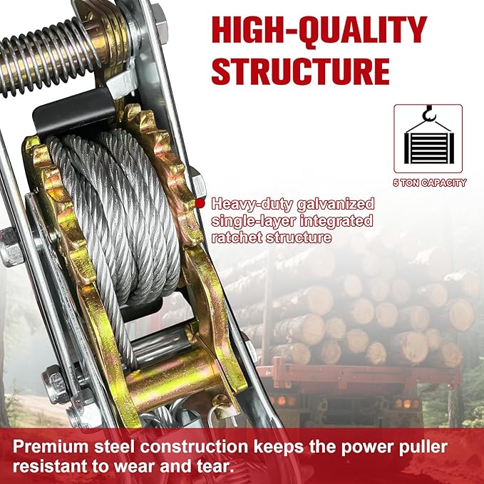 Come Along Winch, 5-Ton (10,000 Lbs) Pulling Capacity, 10Ft, 3 Hook, Heavy Duty Power Cable Come Along Tool with Dual Gears, Hand Winch Cable, Automotive Hoist Winch Puller, Recovery Gear