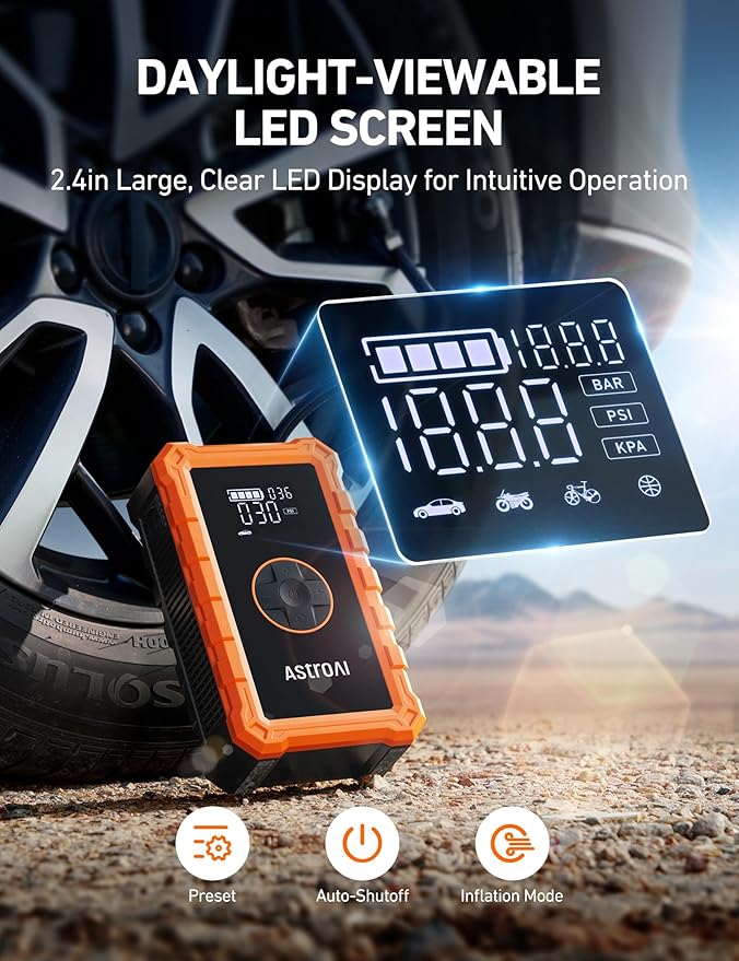 AstroAI S8 Air Jump Starter with Air Compressor, 3000A Peak Car Battery Jump Starter Portable (9.0 Gas/6.5L Diesel) with 150PSI Cordless Auto-Shutoff Tire Inflator, 12V Battery Charger Booster(Orange)