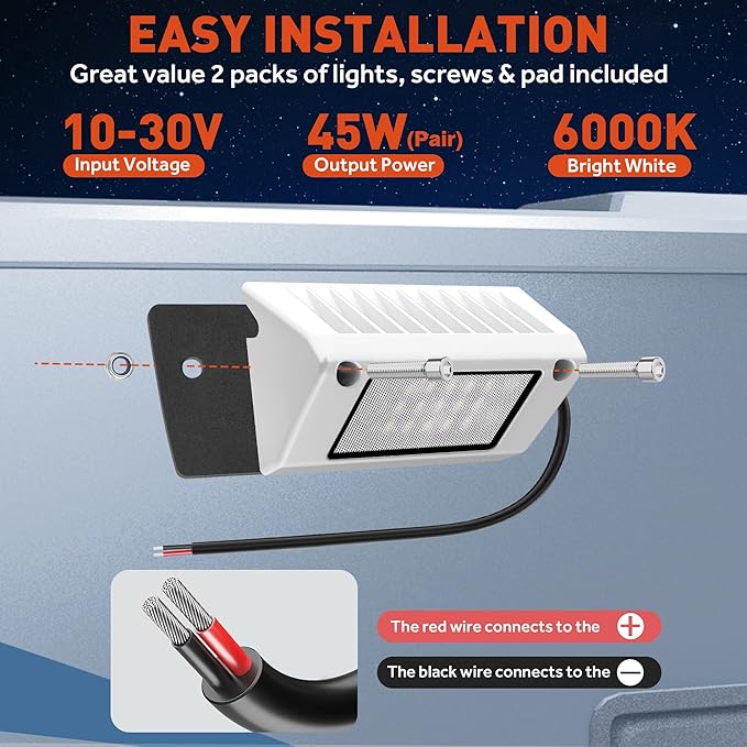 LED RV Exterior Porch Utility Light White Waterproof 10-30V DC Low Current 5" Lighting Fixture 45W 2000LM Aluminum Base led Scene Lighting for RV, Trailer, Camper-2 Pack (6000K Nature White)